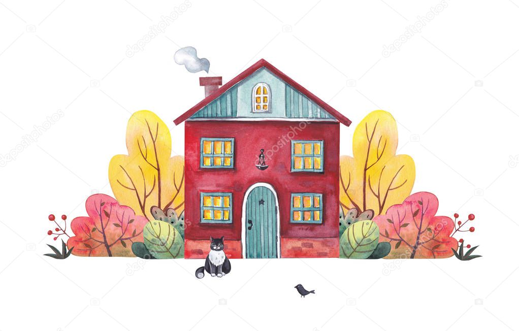 Watercolor illustration. Bright red house with an autumn garden on a white background.