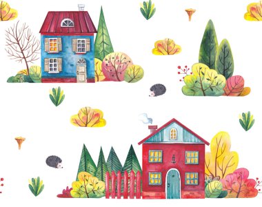 Beyaz bir arka plan üzerinde sonbahar ağaçları ve evler ile suluboya pattenrn.