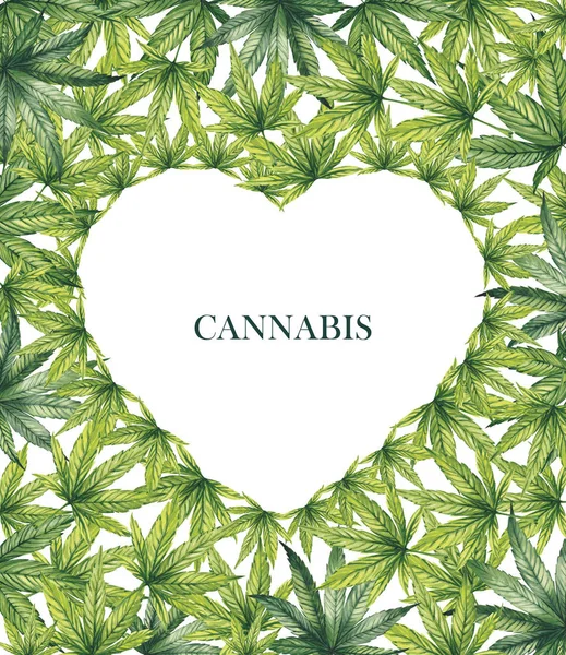 Ilustração aquarela. Uma moldura em forma de coração localizada nas folhas de cannabis . — Fotografia de Stock