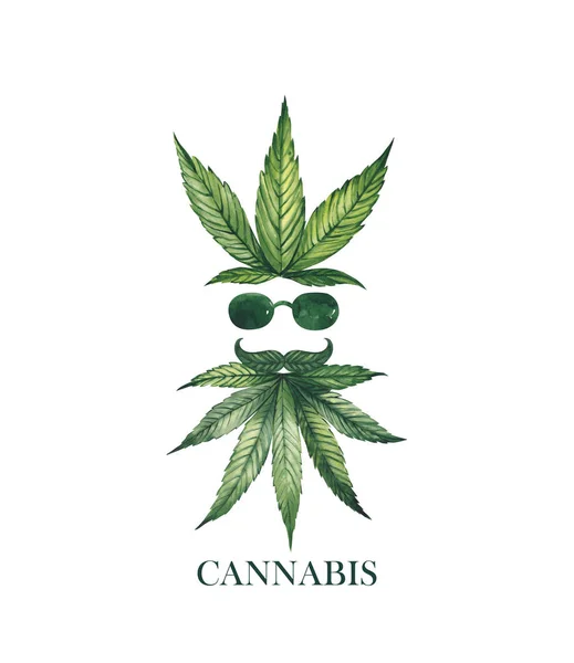 Watercolor illustration. Face silhouette of a man in glasses from cannabis leaves.