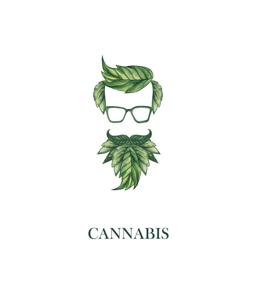 Akvarell illustration. Ansikte silhuett av en man i glas med skägg från cannabisblad. — Stockfoto