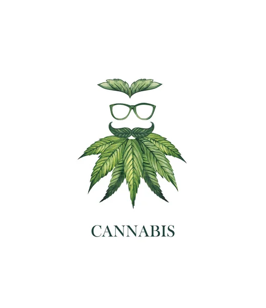 Ilustração aquarela. Cara silhueta de um homem de óculos com uma barba exuberante e folhas de cannabis . — Fotografia de Stock