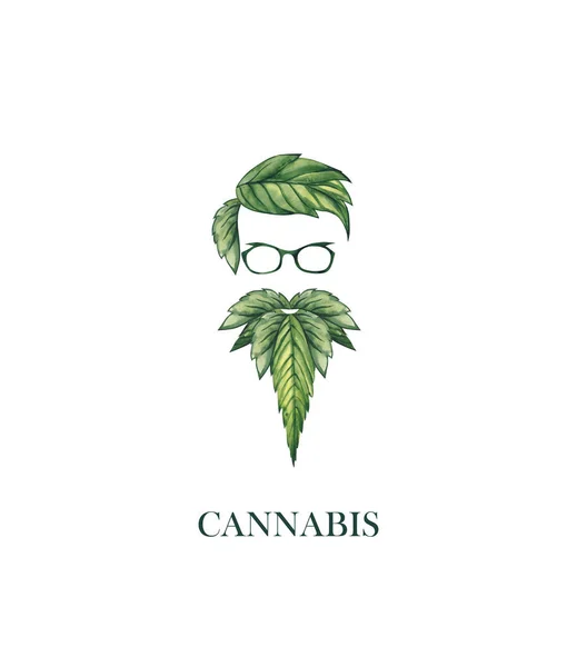 Watercolor illustration. Face silhouette of a man in glasses with a magnificent bang from cannabis leaves.