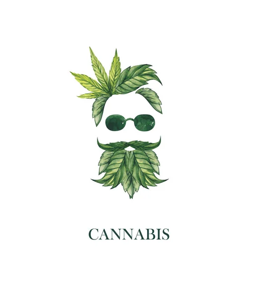 Watercolor illustration. Face silhouette of a man in glasses with a magnificent bang and a beard from cannabis leaves on a white background.