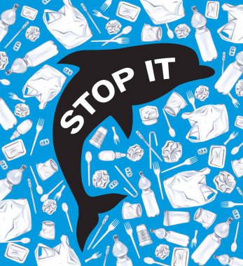 Çevre sorunları teması üzerine suluboya illüstrasyon. Kullanılan tek kullanımlık plastik gereçleri ile çevrili yunus silueti.