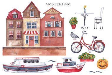 Suluboya çizimi. Amsterdam evleri, bir kanal, turist botları, bir bisiklet, bir kedi, saksı bitkileri, bir masa ve sandalye, bir balkabağı ve bir güvercinden oluşan büyük bir set..