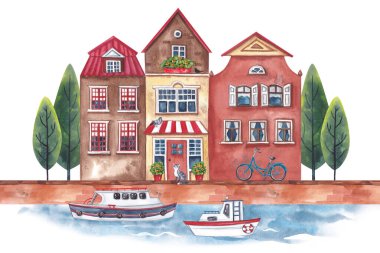 Kanal yakınındaki Amsterdam evlerinin suluboya çizimi ve beyaz arka planda tekneler.