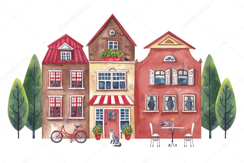 Watercolor illustration. A street in Amterdam with a cafe and a bicycle on a white background.