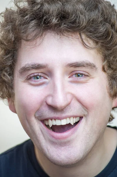 Portrait Young Positive Smiling Young Curly Green Eyed Vampire Man — Stock Photo, Image