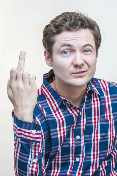 Portrait Young Funny Venturesome Man Showing Hand Sign Obscene Gesture — Stock Photo, Image