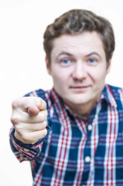 Portrait Young Caucasian Ethnicity Funny Man Showing Hand Sign Obscene — Stock Photo, Image