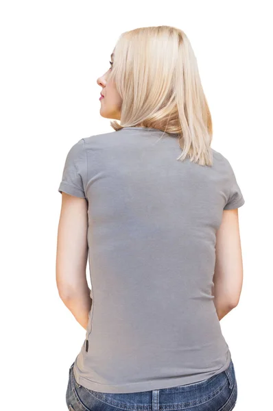 Back Portrait Sitting Young Blonde Woman Gray Shirt Looking Left — Stock Photo, Image