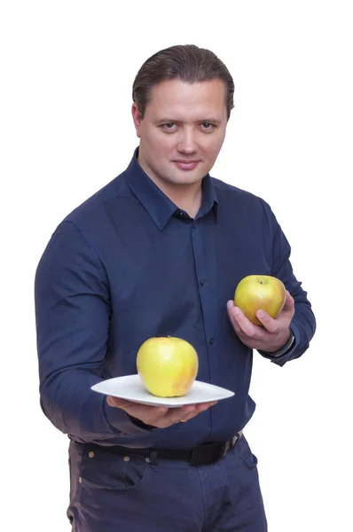 Portrait Young Athletic Elegant Man Offering One Apple White Plate — Stock Photo, Image