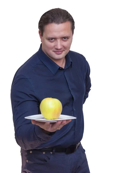 Portret Młodzieńca Eleganckie Sportowe Niebieska Koszula Posiada Jedno Duże Jabłko — Zdjęcie stockowe