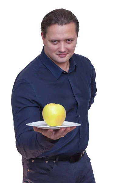 Portrait Young Athletic Elegant Man Blue Shirt Holds One Big — Stock Photo, Image