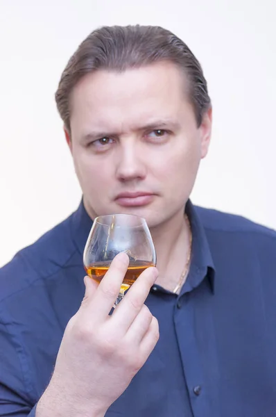 Portrait Young Caucasian Ethnicity Man Blue Shirt Holding Glass Whiskey — Stock Photo, Image