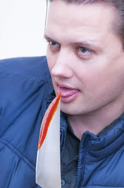 Close Portrait Young Caucasian Ethnicity Man Licking Tasting Blood Tip — Stock Photo, Image