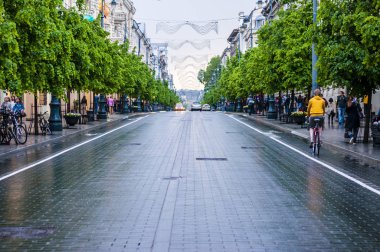 Vilnius, Litvanya - 17 Mayıs 2014: City center Vilnius. Şafak avenue ağır bahar yağmur sonrası ıslak. Bu bahar yağmurunun bir saat geçtikten sonra şehrin geri onun normal Dinamik'e geldi.