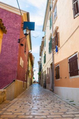 Renkli eski şehir sokak perspektif görünümü Rovinj, Aile cilalı parke taş döşeme yürüyüş kuş uçan ile Istria, Hırvatistan