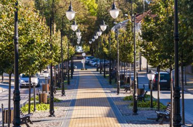 Ukmerge, Litvanya - 23 Ekim 2013: Park sokak perspektif görünüm Ukmerge Litvanya