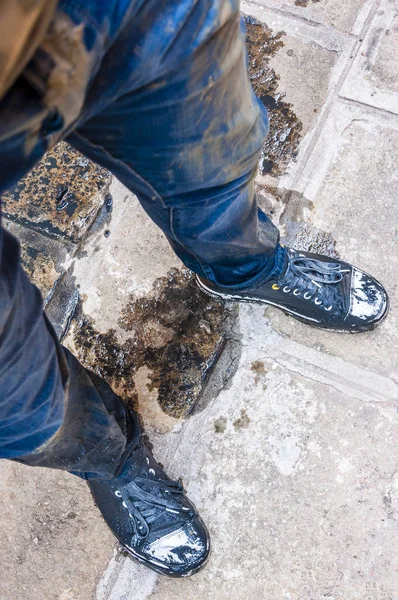 Wet Dirty Clothes Jeans Shoes Man Fallen Canal Venice Royalty Free Stock Images