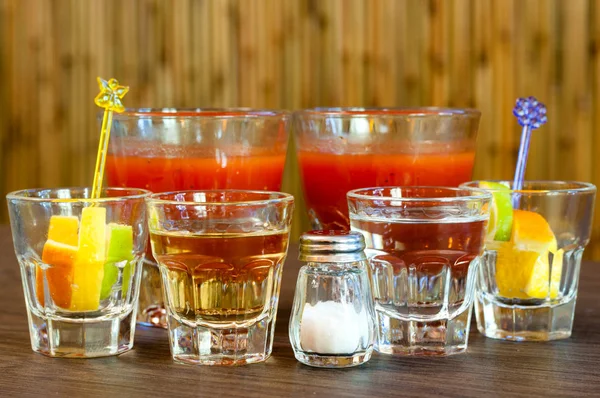 Set Drinking Tequila Tomato Juice Spices Lime Orange Salt Tequila — Stock Photo, Image