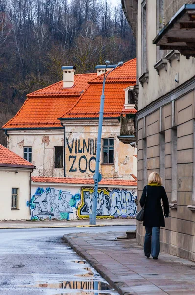 Vilnius Lituanie Avril 2013 Femme Marchant Dans Rue Radvilaites Avec — Photo