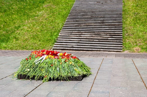 Bunch of vibrant flowers laying down near the eternal flame monument on military cemetery in honor of the day of victory in the world war two on the ninth of May each year in Vilnius