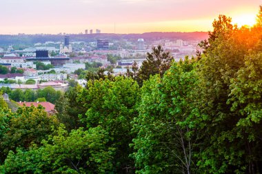 Vilnius, Litvanya - 15 Mayıs 2013: Cityscape manzarası görünümü gün batımında üç haçlar Hill panoramik bakış açısı üzerinde zengin flora ile ünlü eski ve yeni şehir Vilnius
