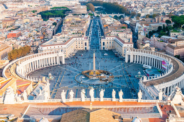 Vatican, Rome, Italy - November 16, 2018: View from above on the famous St. Peter's Square, Piazza San Pietro is a large plaza located directly in front of St. Peter's Basilica in the Vatican City