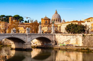 Tiber Nehri akarsu, Ponte Vittorio Emanuele II Köprüsü, martılar ve Roma cityscape görünümü ünlü St. Peter kubbe ile arka plan üzerinde uçan