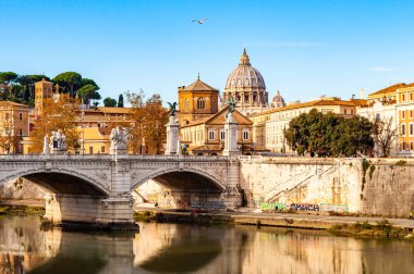 Tiber Nehri akarsu, Ponte Vittorio Emanuele II Köprüsü, martılar ve Roma cityscape görünümü ünlü St. Peter kubbe ile arka plan üzerinde uçan