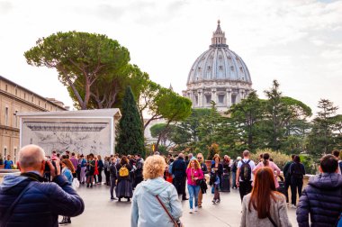 Vatikan, Rome, İtalya - 16 Kasım 2018: Turist Vatikan Vatikan müzelerinden çam açık bahçesinde. Galeriler koleksiyonlarından yüzyıllar boyunca Papa tarafından yaptırılan işleri görüntülemek