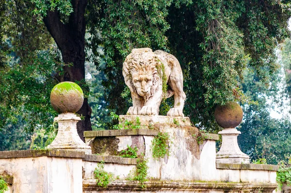 Rome, İtalya - 19 Kasım 2018: Antik yosunlu büyümüş aslan taş heykel heykeli Borghese Park Villa Borghese giderken