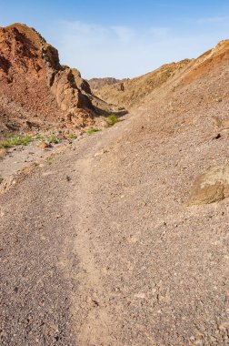 Rota veya yürüyüş yolu, sarı kırmızı kayalık manzara Eilat İsrail'çöl izleyeceğinizi