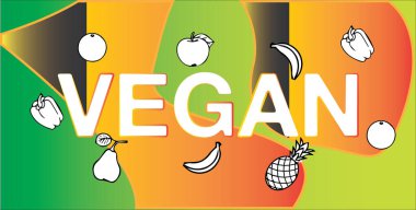 sebzeler ve meyveler veganlık harflerinin arka planında