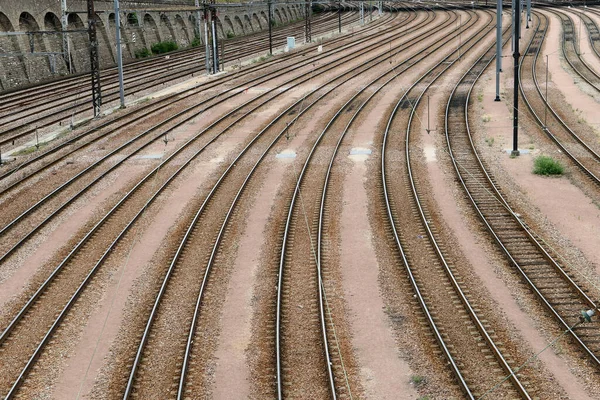 Conjunto Trilhos Ferroviários Perspectiva Trilhos Para Comboios Passagem — Fotografia de Stock