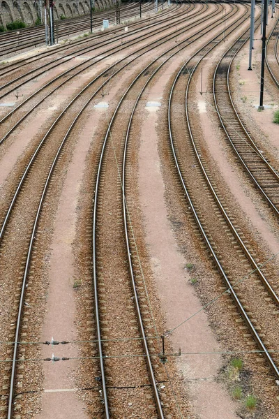 Set Railway Tracks Perspective Rails Passing Trains — Stock Photo, Image