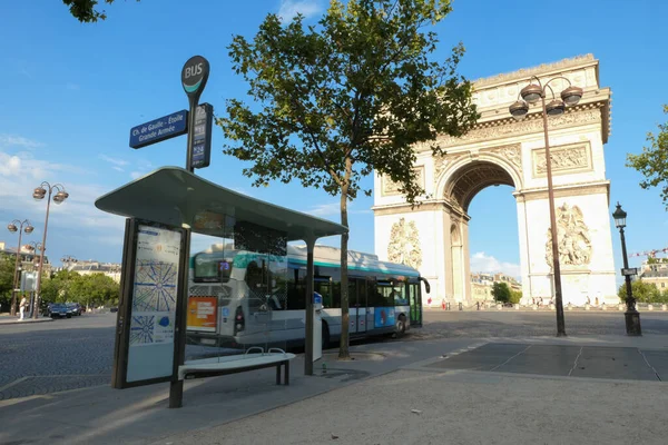 Paris, France. August 08. 2020. Historic monument. View of the triumphal arch. Tourist location. Bus station in the foreground.