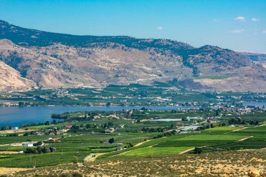 Konut alanı ve meyve bahçesi çiftlik alanları ile Okanagan vadisi panoramik görünümü