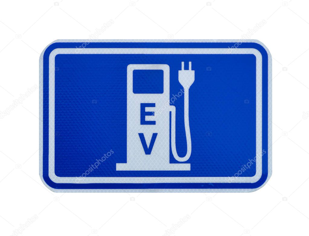 Road sign with EV charging station on white background