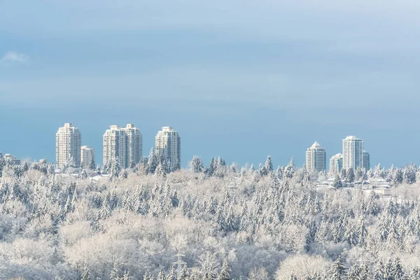 Ciudad en la nieve. Edificios de torres residenciales en el brillante día de invierno en Canadá . — Foto de Stock
