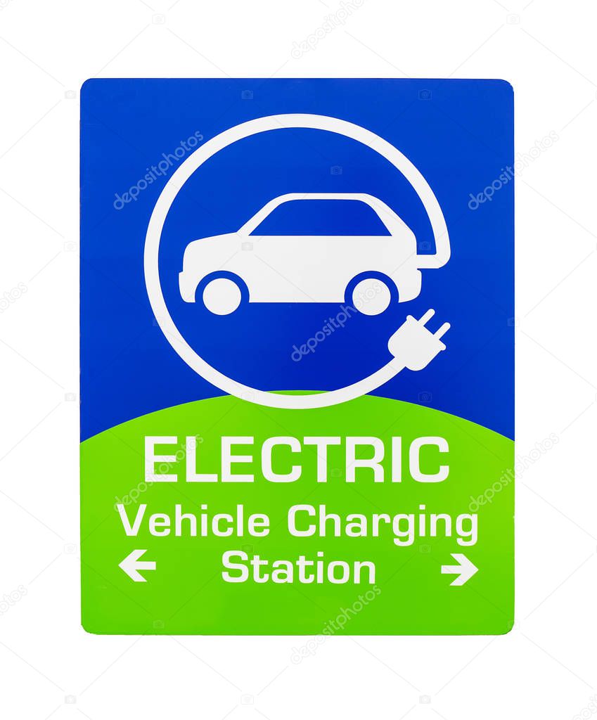 Road sign with EV charging station on white background