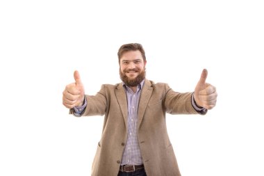 Komik büyük yakışıklı gülümseyen sakallı iş adamı portresi b