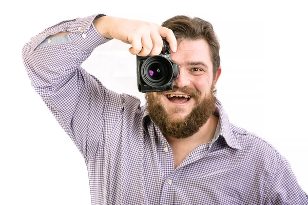 Portrait of big handsome bearded photographer taking photo with — Stock Photo, Image