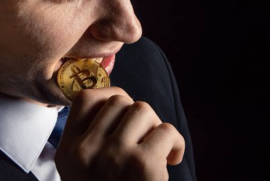 Closeup portre mutlu genç çekici işadamı tüccar bitcoin kriptopara tutan, siyah izole