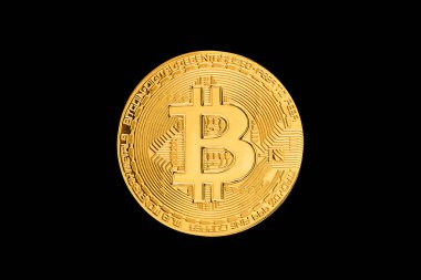 Altın bitcoin siyah izole. Dijital para birimi. Kriptocurren