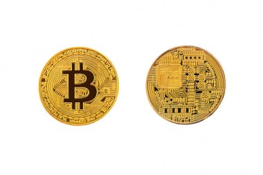 iki tarafı altın bitcoin beyaz izole. Dijital para birimi. Kripto para birimi.