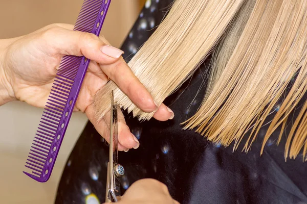 Closeup berber kuaför bir güzellik salonunda sarı saç keser. Ba