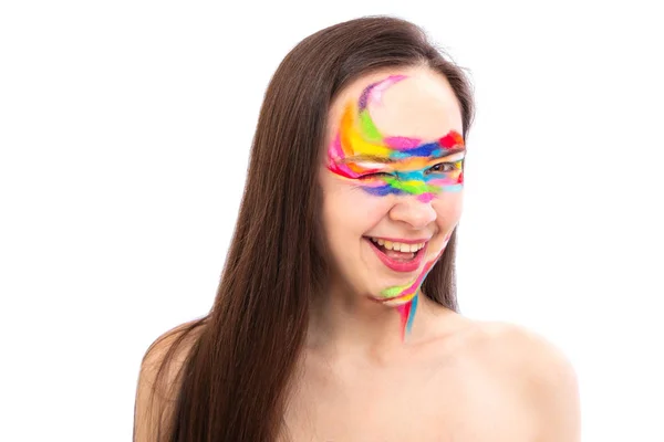 Art emotional portrait Beauty Fashion Model Girl colorful face paint with flowing liquid paint makeup. isolated on white — Stock Photo, Image